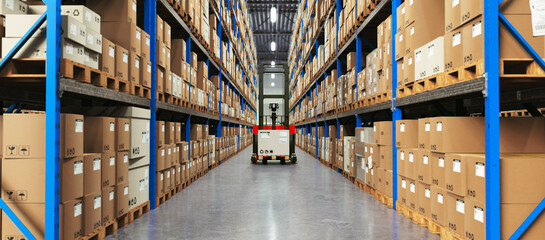 Warehouse Scene with High Shelves and Reach Fork Track. Logistics Concept. 3D illustration	
