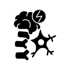 Neuromuscular black glyph icon. Brain and nerve damage. Muscle problems. Neurological disease. Movement disorder. Spinal cord injury. Silhouette symbol on white space. Vector isolated illustration