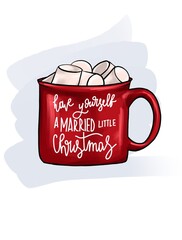 Steaming hot chocolate with marshmallows in red cup with white lettering. Hot winter drink and piece of chocolate isolated on white background. Illustration of sweet cocoa in cartoon flat style
