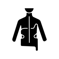 Scoliosis brace black glyph icon. Spine curvature correcting method. Spinal deformation prevention. Backbone orthosis treatment. Silhouette symbol on white space. Vector isolated illustration