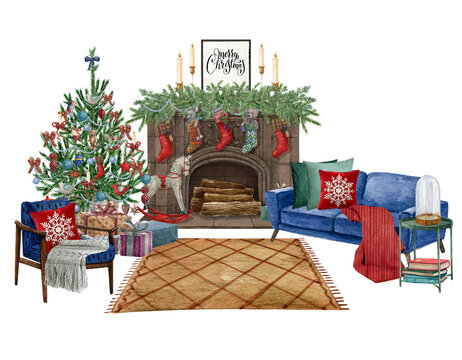 Watercolor Interior background with cozy home decorated for Christmas.mid century modern furniture,Interior Decor Scene.Room with fireplace,rug,blue sofa,present boxes,christmas tree, armchair.