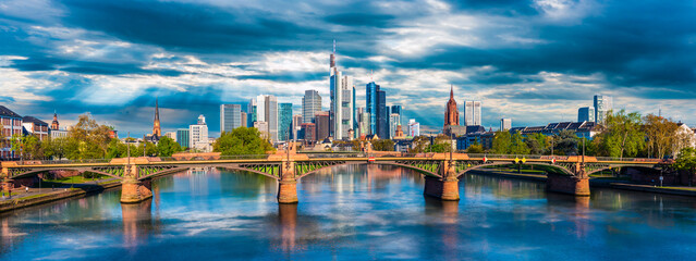 Frankfurt city with clouds and skyline - obrazy, fototapety, plakaty