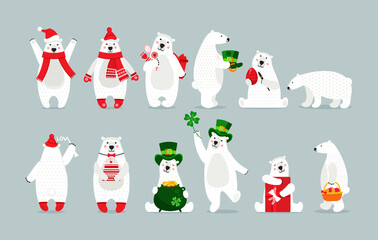 Cute childish Christmas arctic bear set polar animal in winter clothes, with accessories and gifts © Idey