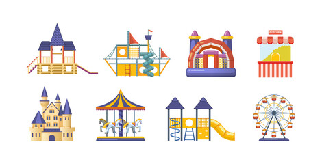 Naklejka premium Amusement park with carousels set. Childish entertainment equipment Circus, Fun fair and Carnival