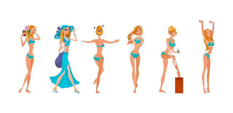 Woman in swimsuit relaxing beach set. Pretty person in bikini summer travel vacation flat vector