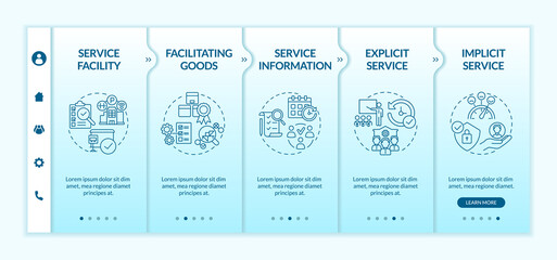 Service characteristics onboarding vector template. Responsive mobile website with icons. Web page walkthrough 5 step screens. Operations management color concept with linear illustrations
