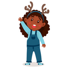 African American girl with antlers waving her hand. christmas character isolated on white background