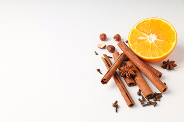 Ingredients for cooking mulled wine on white background