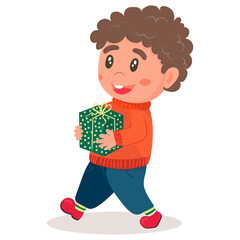 A little cartoon curly-haired boy in a warm sweater walks and carries a Christmas present. isolated on white background