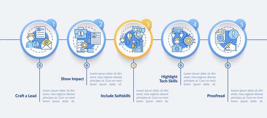 Writing cv vector infographic template. Apply for job position presentation outline design elements. Data visualization with 5 steps. Process timeline info chart. Workflow layout with line icons