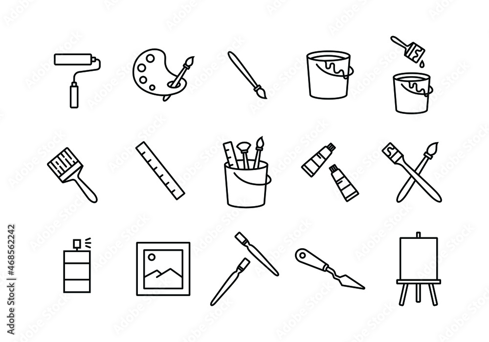 Poster the editable stroke line icons collection related to painting stuff. symbols for creative ui ux elem