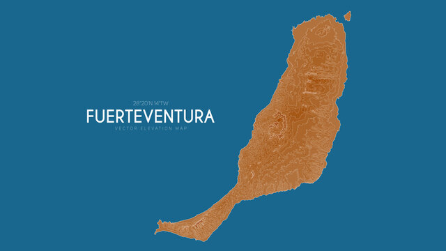 Topographic map of Fuerteventura, Canary Islands, Spain. Vector detailed elevation map of island. Geographic elegant landscape outline poster.