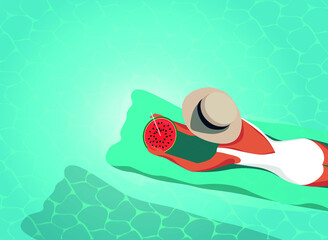 Digital illustration of a girl in a hat resting vacation floating on a mattress in the pool and eating a fresh cold watermelon