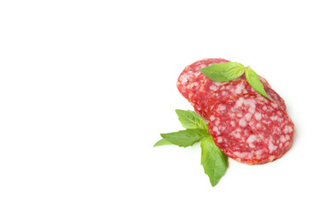 Slicing sausage salami isolated on white background
