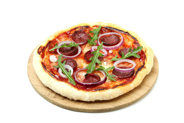 Tasty Salami pizza isolated on white background