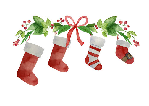 Christmas family print concept with watercolor stocking for four. Red and green fireplace socks xmas collection. Decoration family card on white background.