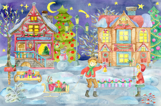 Greeting card with children on sledges, girl with lantern and beautiful vintage houses at night. © samiramay