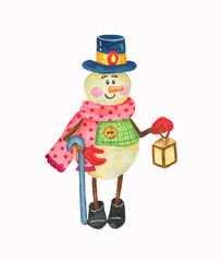Hand drawn watercolor christmas illustration.Cute snowman with lantern.Use for christmas cards.