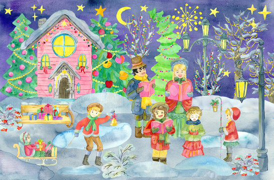 Greeting card with family choir singing Christmas carols, playing children on sledges, beautiful nature and vintage house.