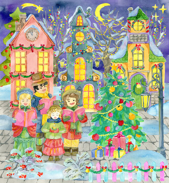 Greeting card with Christmas singers, choir singing carols, beautiful vintage houses and decorated conifer at night.
