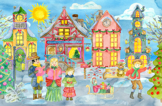 Greeting card with Christmas carolers, beautiful vintage houses and children in skedges at sunny day.