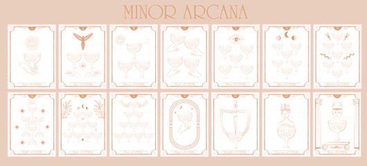 Set of Tarot card, Minor Arcana. Occult and alchemy symbolism. Cups - Faculty Emotions and love. Editable vector illustration. - obrazy, fototapety, plakaty