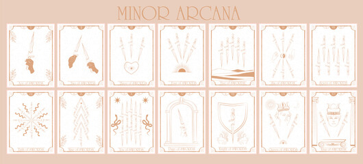 Set of Tarot card, Minor Arcana. Occult and alchemy symbolism. Swords - Faculty Reason. Editable vector illustration. - obrazy, fototapety, plakaty