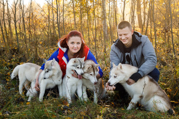 Naklejka na ściany i meble Young couple with husky dogs in autumn forest
