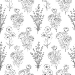 Seamless pattern from flowers of lavender,rose, and hydrangeas on a white background.