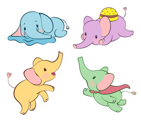 Emotional sticker set with cute elefant in different colors. Kawaii style. Cartoon emoji sticker with elefants in different moods. Vector illustration.