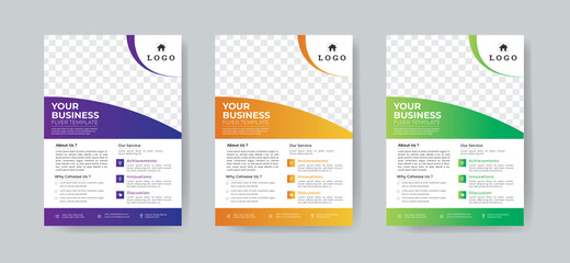 Business Flyer Template Layout with 3 Colorful Accents and Grayscale Image Masks