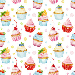 Seamless pattern with watercolor cupcakes isolated on white background.