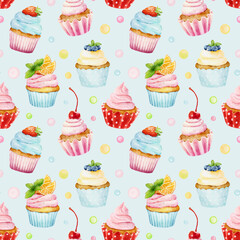Seamless pattern with watercolor cupcakes isolated on blue background.