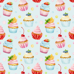 Seamless pattern with watercolor cupcakes isolated on blue background.