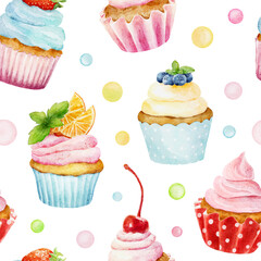 Seamless pattern with watercolor cupcakes isolated on white background.