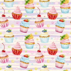 Seamless pattern with watercolor cupcakes on striped background.