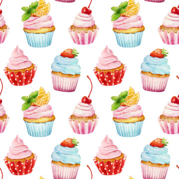 Seamless pattern with watercolor cupcakes isolated on white background.