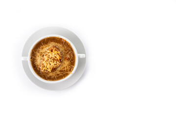 Traditional french onion soup isolated on white background.Copy space