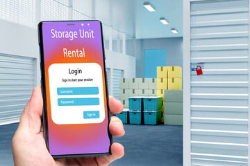 Storage Unit rental. Hand with phone inside warehouse. Concept - man is looking for warehouse via...