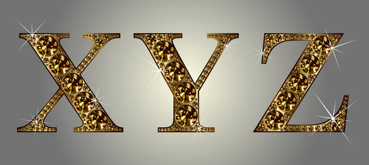 Diamond alphabet letters. Stunning beautiful X ,Y, Z jewelry set in gems and silver. Vector eps10 illustration. - 468566660