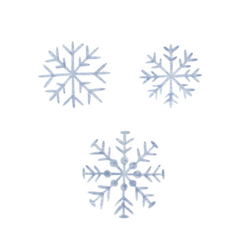Watercolor set of illustrations of snowflakes isolated on white background.