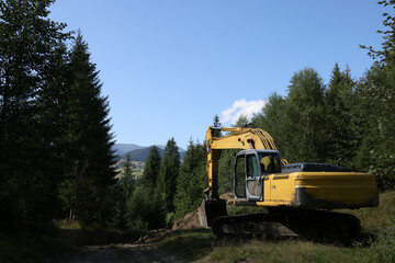 Crawler excavator near dirt road in forest