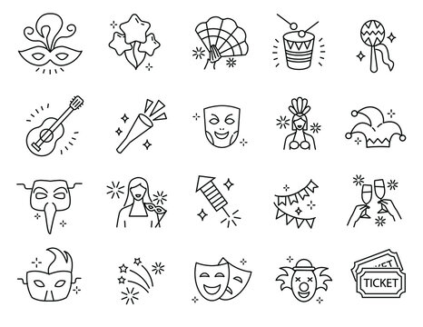 Carnival and masquerade line art design elements. Holiday and celebration linear icons set. Vector illustration