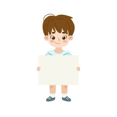 Cute happy boy holding empty banner in front. Cartoon kid standing and showing blank paper sheet.