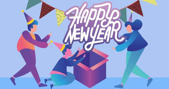 Animation of happy new year greetings text over party people on blue background