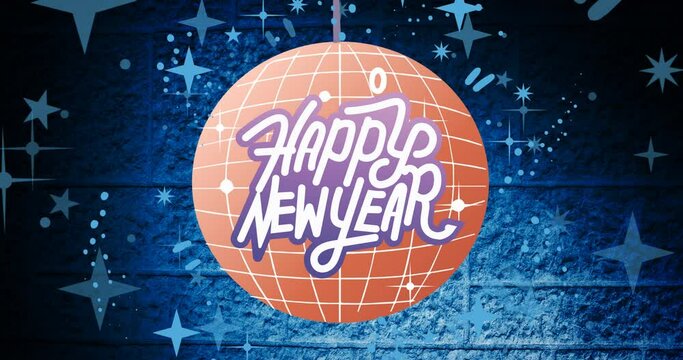 Animation of happy new year text in purple and white, on orange disco ball over blue stars