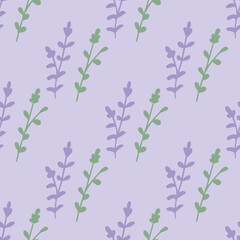 Seamless pattern with discreet violet and green branches on light lilac background. Vector image.