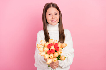 Photo of charming sweet student girl wear white sweater smiling holding tulips bunch isolated pink color background