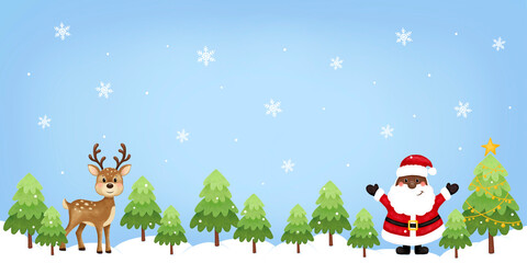 Christmas and New Year banner.  Black santa, deer, trees, stars, snow. African American Santa. Afro Santa.