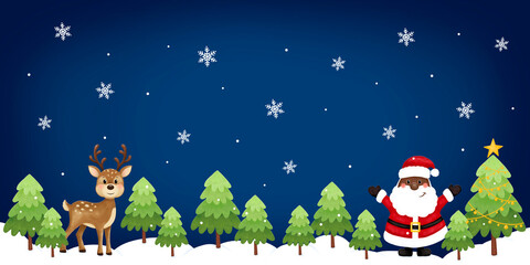 Christmas and New Year banner.  Black santa, deer, trees, stars, snow. African American Santa. Afro Santa.